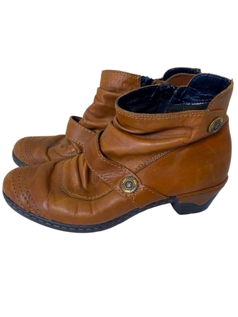 RIEKER Brown Leather Booties Brass Toned Buttons Inner Zipper Boho Size 36